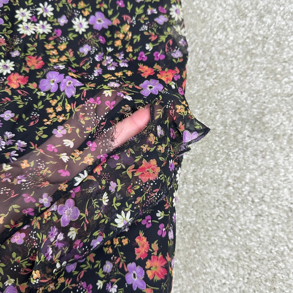City Triangles Vintage 90s Floral Chiffon Ruffle Midi Dress Black Purple Size 11 - Picture 7 of 12